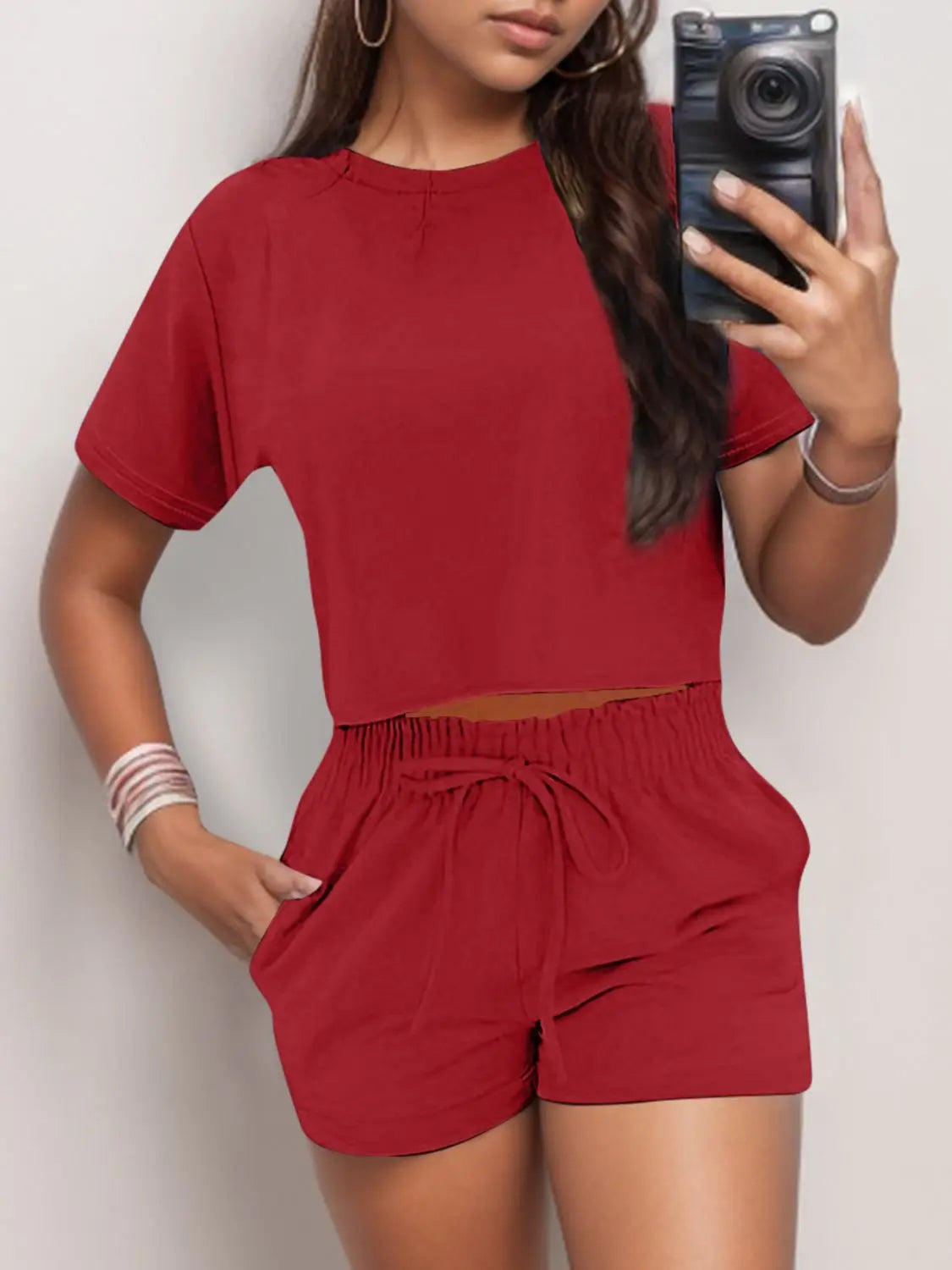 Full Size Round Neck Short Sleeve Top and Shorts Set - Image #9