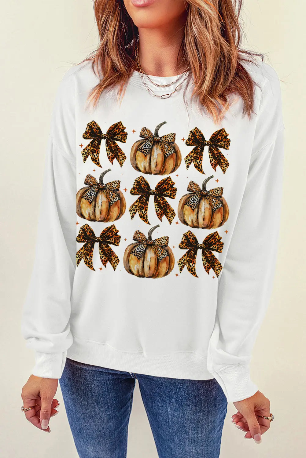 Pumpkin & Bow Graphic Long Sleeve Sweatshirt - Image #3