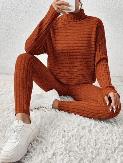 Ribbed Turtleneck Top and Pants Set - Image #7