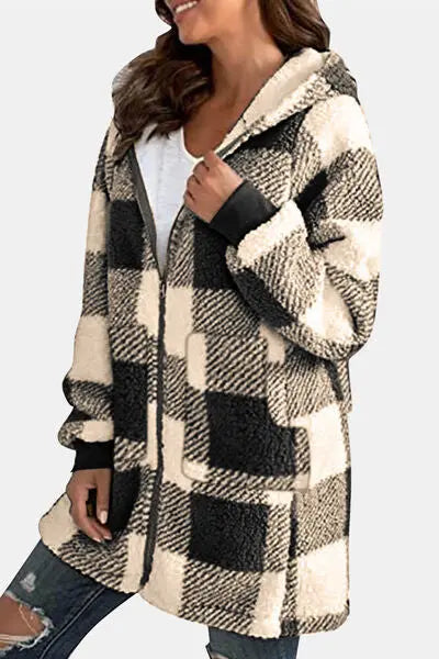 Double Take Full Size Plaid Long Sleeve Hooded Coat - Image #8