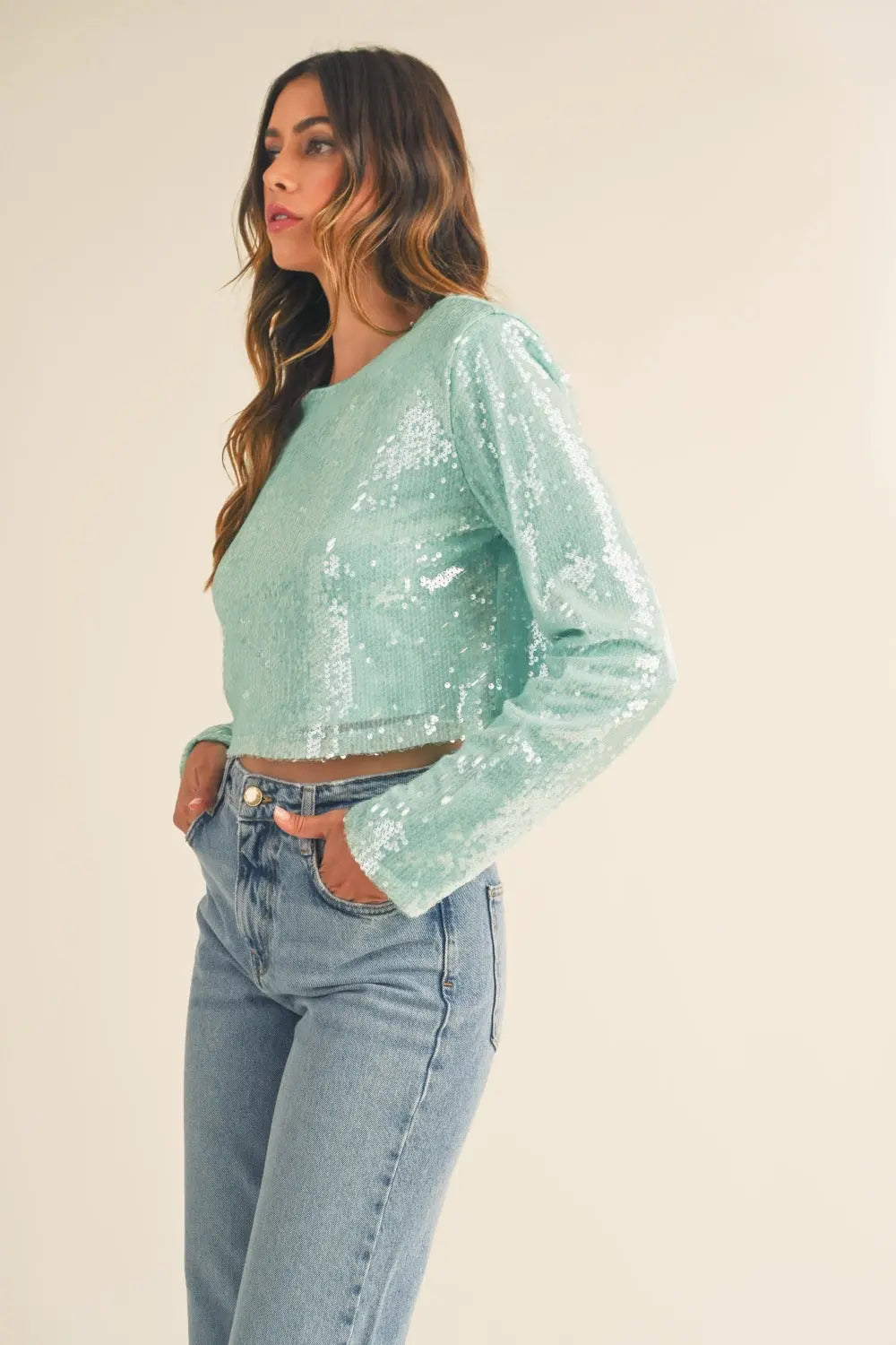 MABLE Shoulder Padded Sequin Crop Top - Image #4