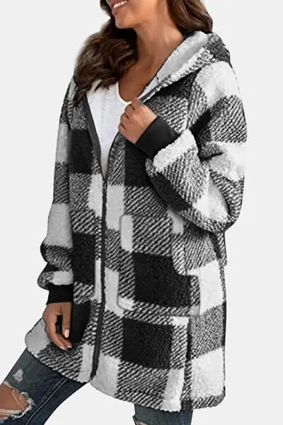 Double Take Full Size Plaid Long Sleeve Hooded Coat - Image #11