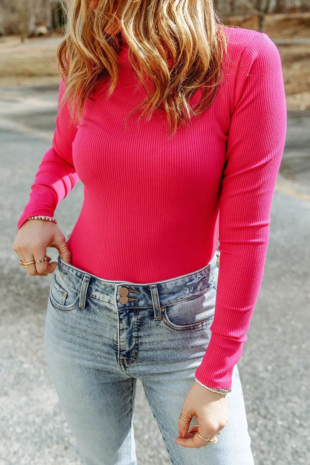 High Neck Long Sleeve Ribbed Top - Image #4