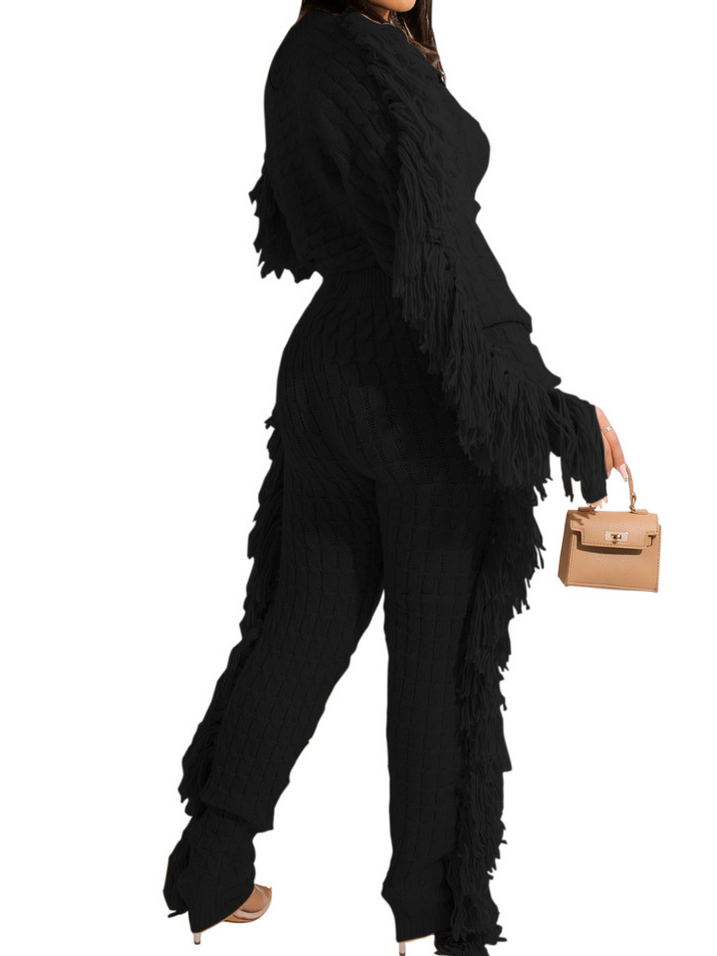 New Women's Casual Solid Knitted Long Sleeve Tassel Set