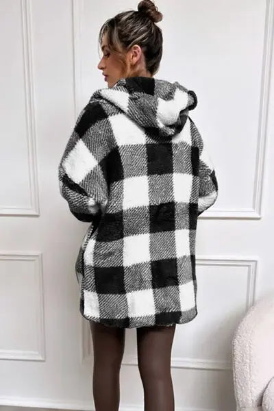 Double Take Full Size Plaid Long Sleeve Hooded Coat - Image #12