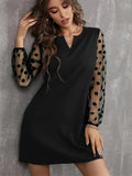 Polka Dot Notched Long Sleeve Dress - Image #1