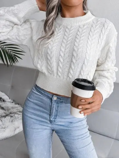Cable-Knit Round Neck Sweater - Image #3