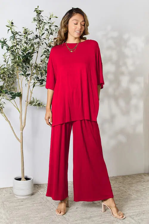 Double Take Full Size Round Neck Slit Top and Pants Set - Image #31