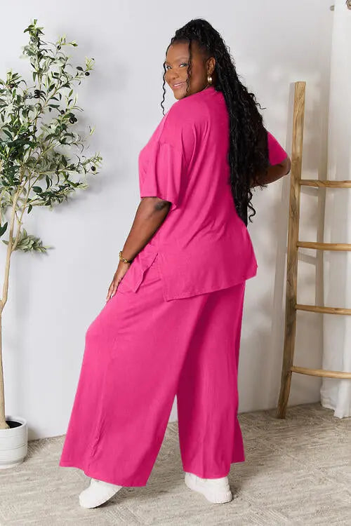 Double Take Full Size Round Neck Slit Top and Pants Set - Image #3