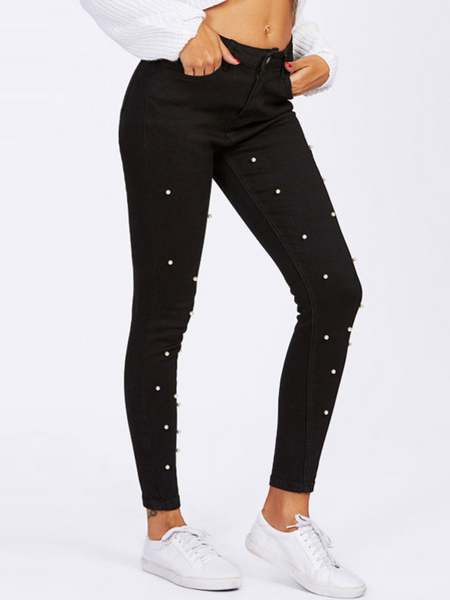 Stretchy Jeans with 3D Pearl Embellishments H7XHRDCPKN