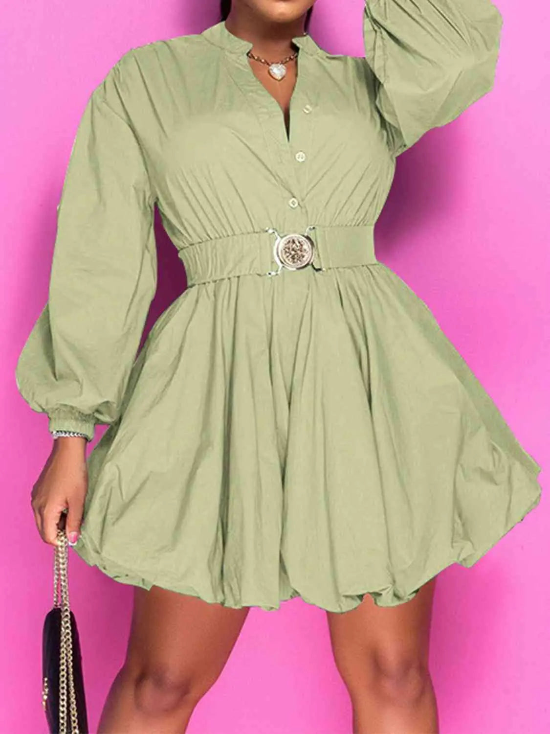 Notched Button Up Balloon Sleeves Dress - Image #17