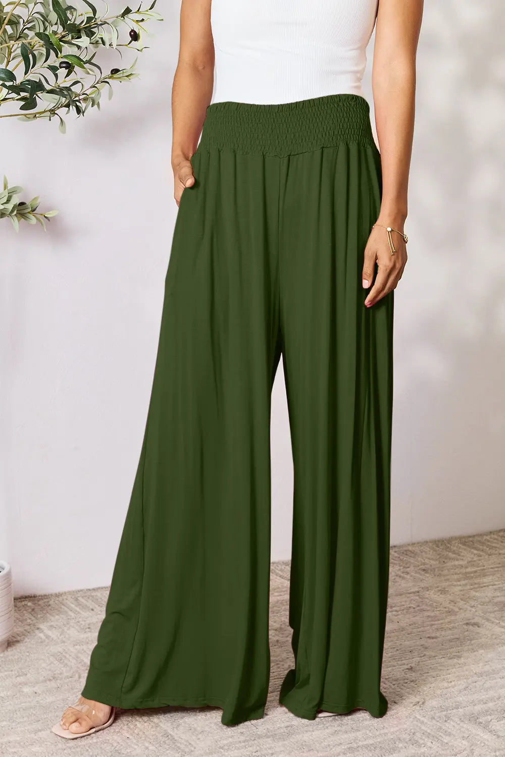 Double Take Full Size Smocked Wide Waistband Wide Leg Pants - Image #11