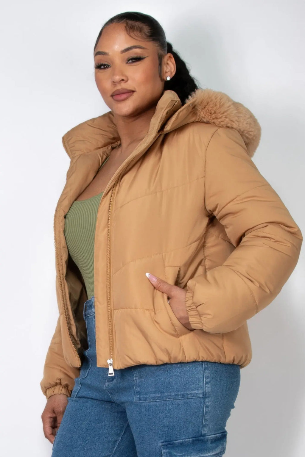 Insulated Zip-up Faux Fur Hooded Jacket - Image #13