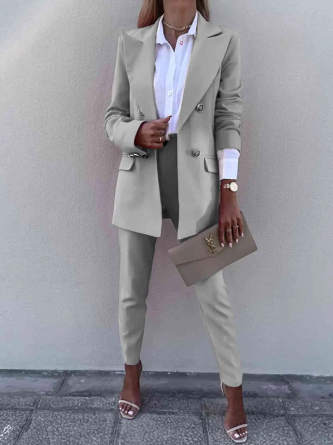 Lapel Collar Long Sleeve Blazer and Pants Set - Image #1