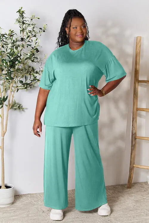 Double Take Full Size Round Neck Slit Top and Pants Set - Image #11