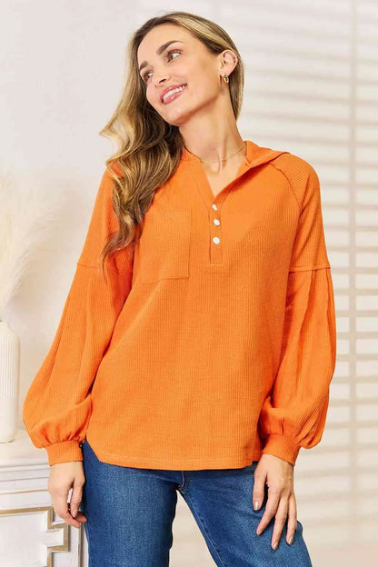 Basic Bae Side Slit Buttoned Waffle Knit Hoodie - Image #7
