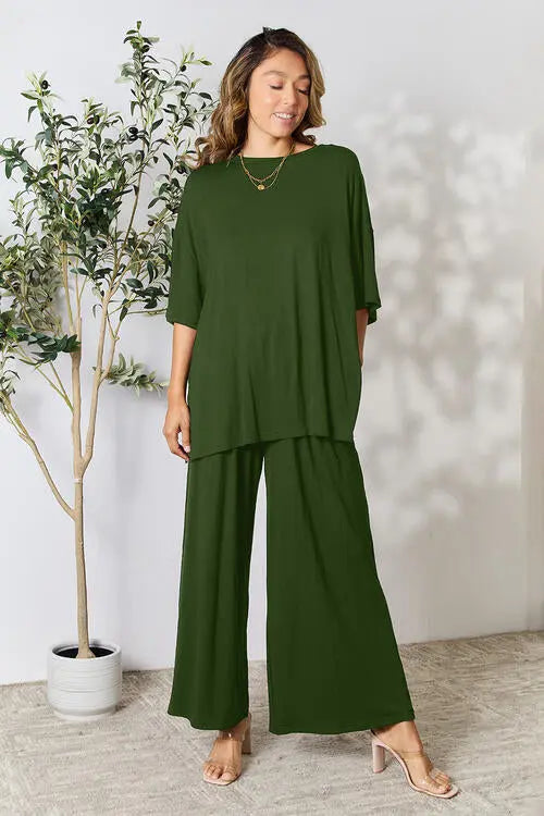 Double Take Full Size Round Neck Slit Top and Pants Set - Image #21