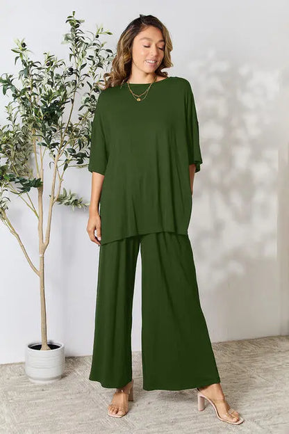 Double Take Full Size Round Neck Slit Top and Pants Set - Image #21