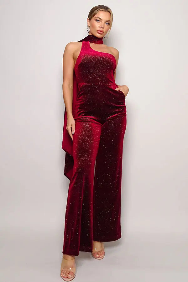 Scarf Top Glitter Velvet Jumpsuit - Image #1