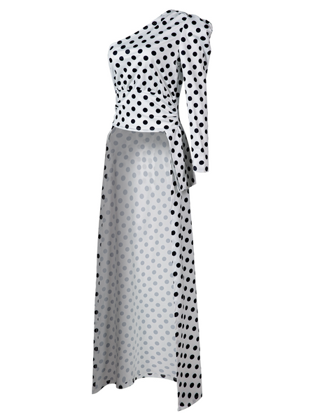 Slant-Shoulders Polka-Dot Long Top