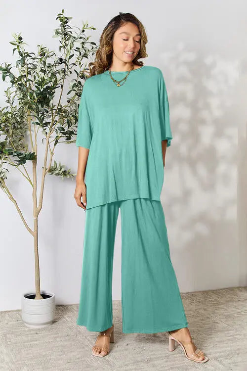 Double Take Full Size Round Neck Slit Top and Pants Set - Image #10