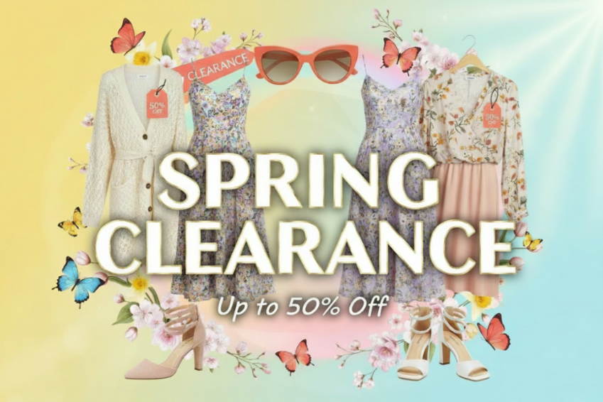 Spring clearance sale advertisement with clothing, shoes, and accessories on a colorful background.