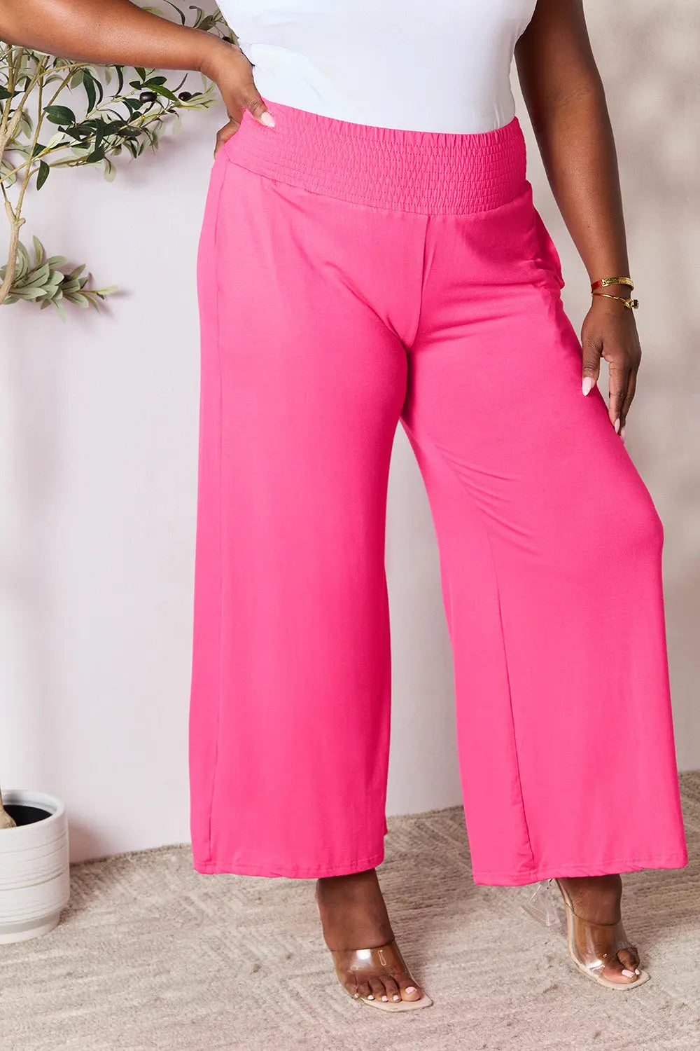 Double Take Full Size Smocked Wide Waistband Wide Leg Pants - Image #3