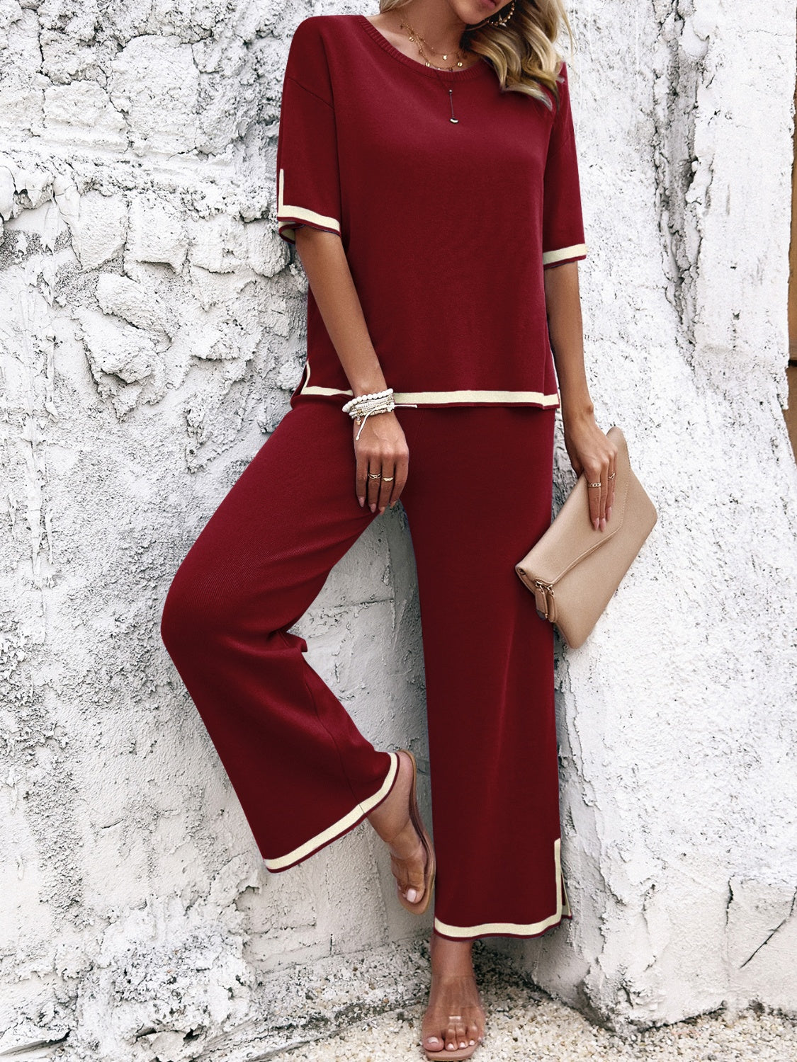 Contrast Trim Round Neck Top and Pants Set