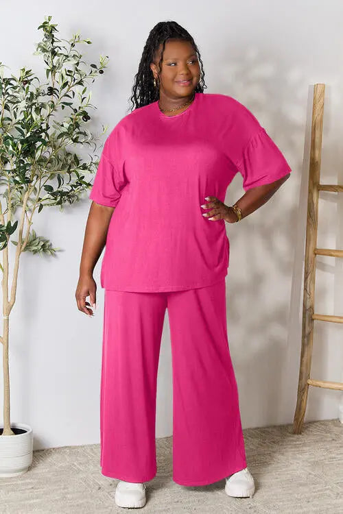 Double Take Full Size Round Neck Slit Top and Pants Set - Image #1