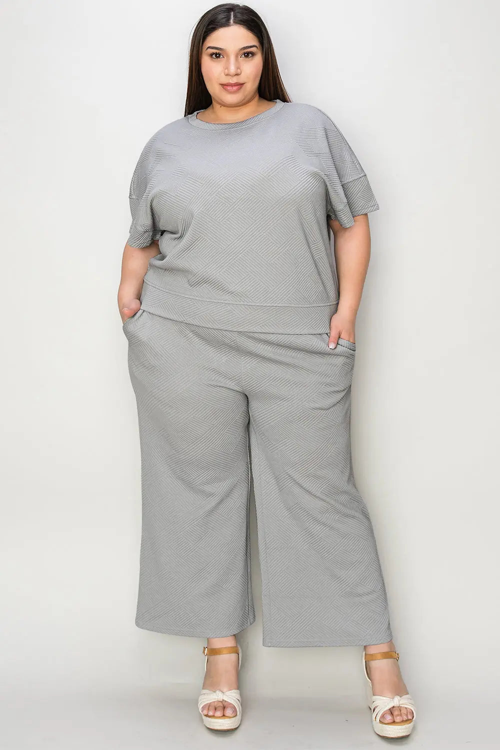 Double Take Full Size Texture Short Sleeve Top and Pants Set - Image #24