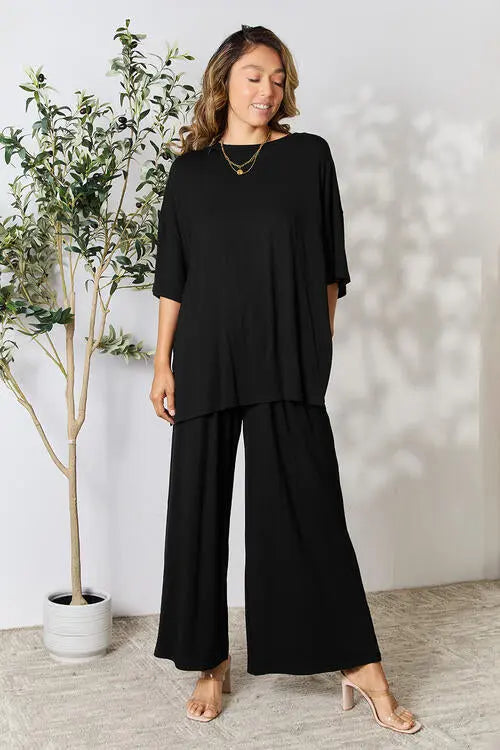 Double Take Full Size Round Neck Slit Top and Pants Set - Image #9