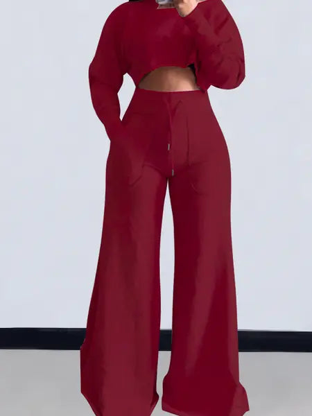 Cropped Long Sleeve Top and Wide Leg Pants 2-Pc Set - Image #2