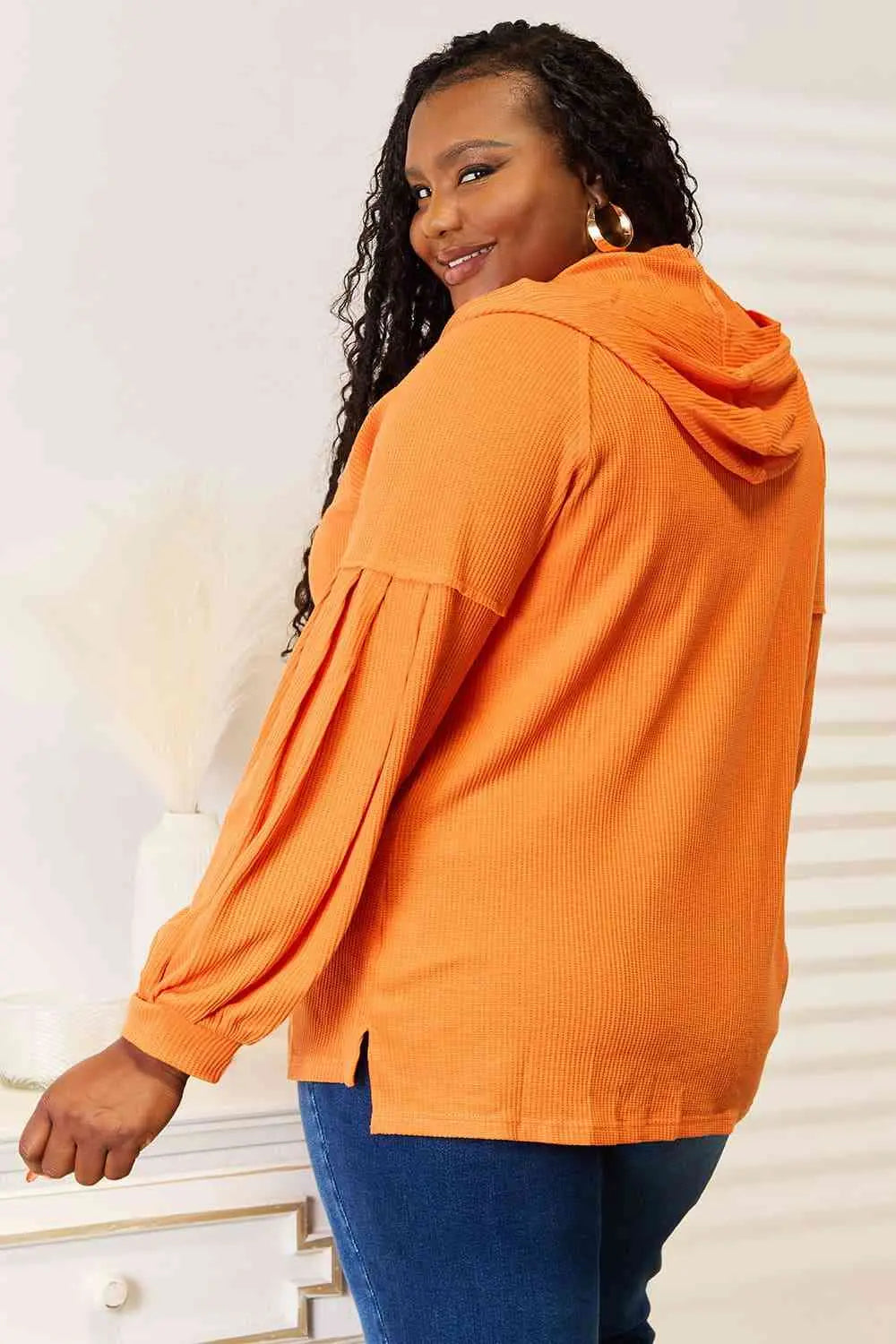 Basic Bae Side Slit Buttoned Waffle Knit Hoodie - Image #2
