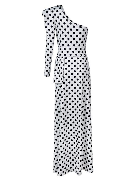 Slant-Shoulders Polka-Dot Long Top