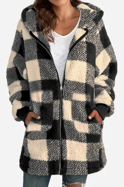 Double Take Full Size Plaid Long Sleeve Hooded Coat - Image #7