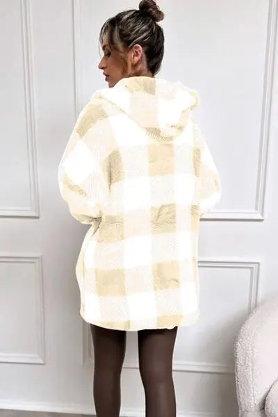 Double Take Full Size Plaid Long Sleeve Hooded Coat - Image #6