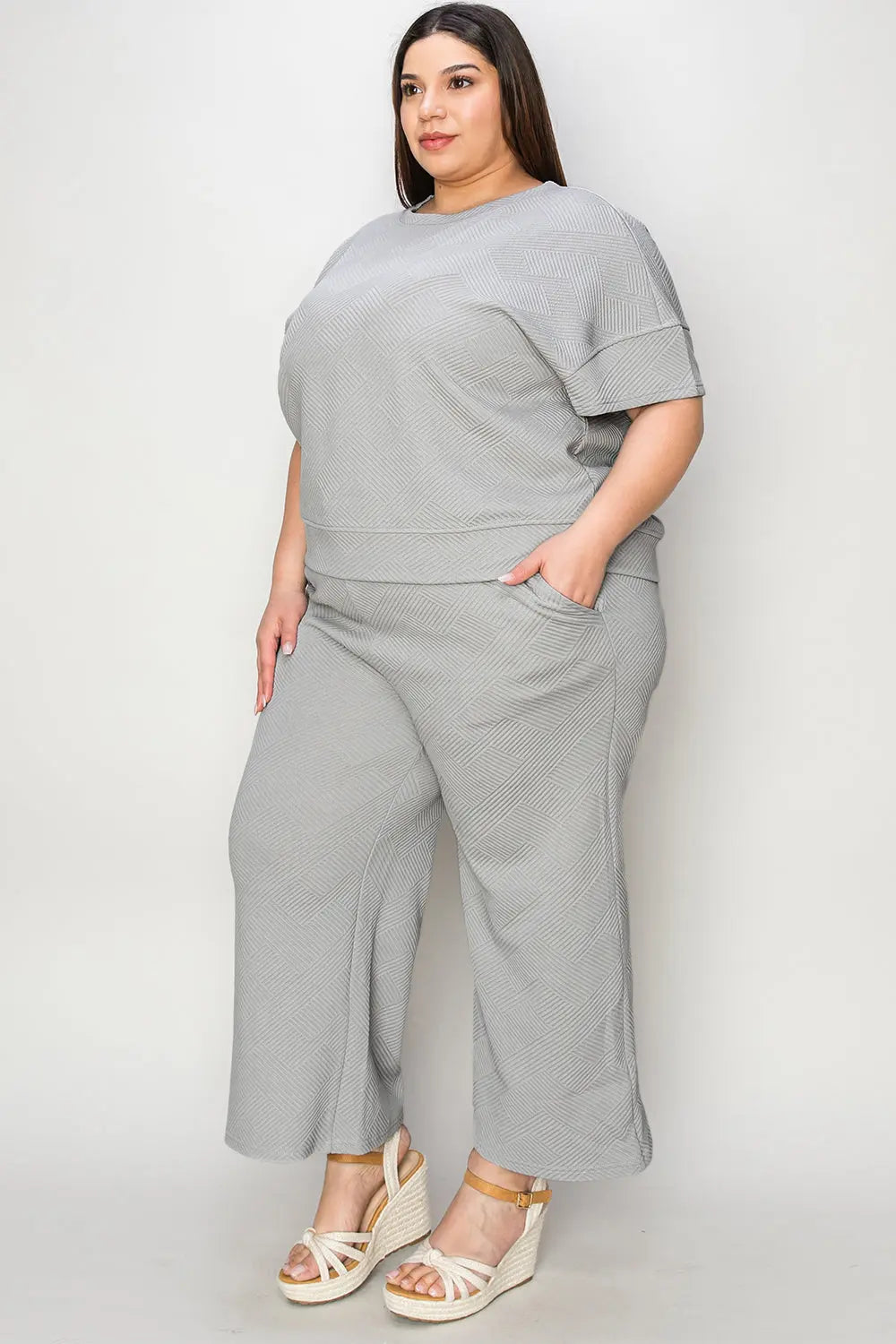 Double Take Full Size Texture Short Sleeve Top and Pants Set - Image #26