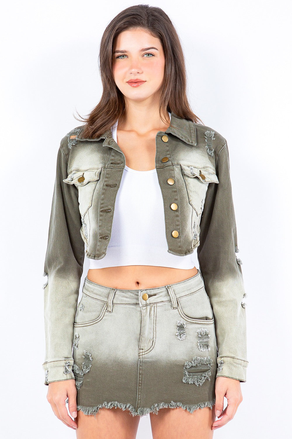 American Bazi Distressed Ombre Washed Cropped Denim Jacket