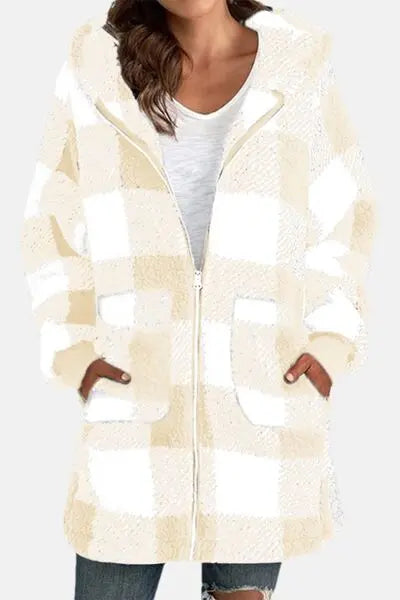 Double Take Full Size Plaid Long Sleeve Hooded Coat - Image #2