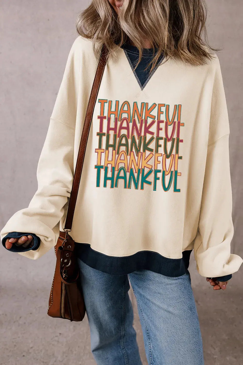 THANKFUL Round Neck Long Sleeve Sweatshirt - Image #1