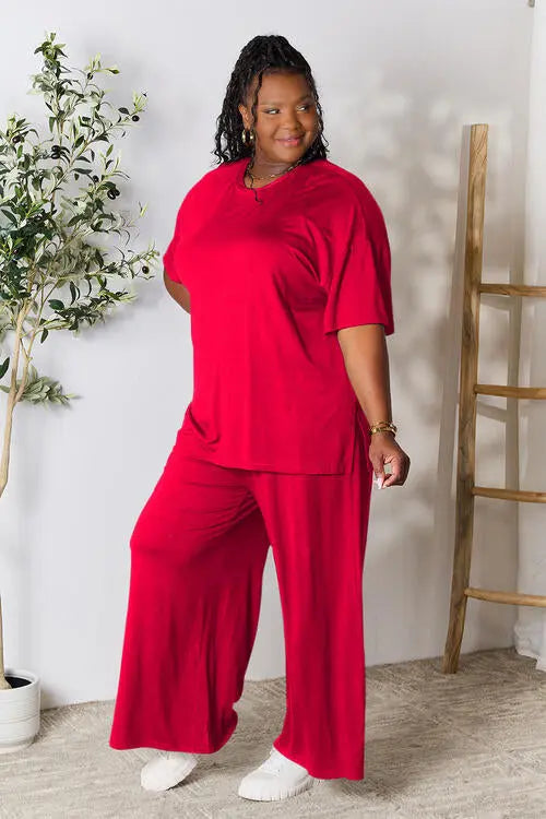 Double Take Full Size Round Neck Slit Top and Pants Set - Image #29