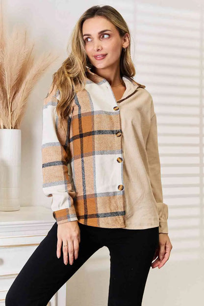 Double Take Plaid Print Dropped Shoulder Shirt - Image #6