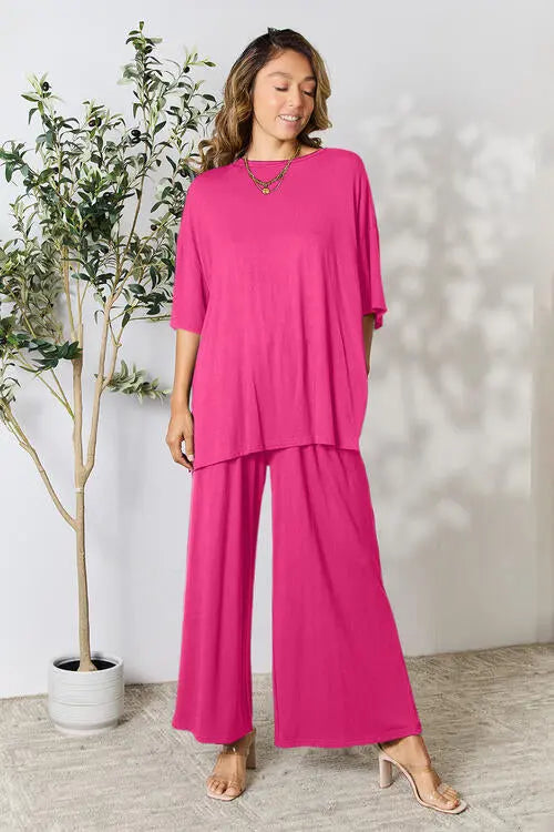 Double Take Full Size Round Neck Slit Top and Pants Set - Image #4