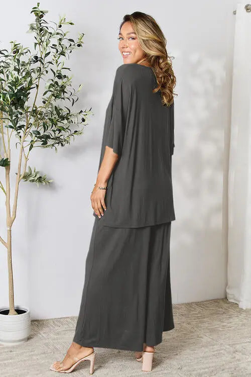Double Take Full Size Round Neck Slit Top and Pants Set - Image #19