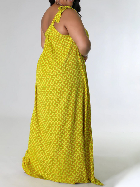 One-Shoulder Halterneck Open-Back Print Dress