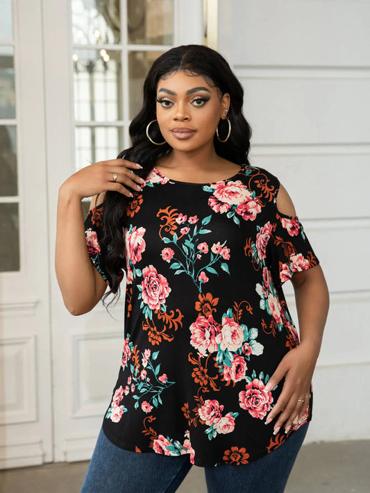 Plus Size Cold-Shoulder Round Neck Curved Hem Tee - Image #1