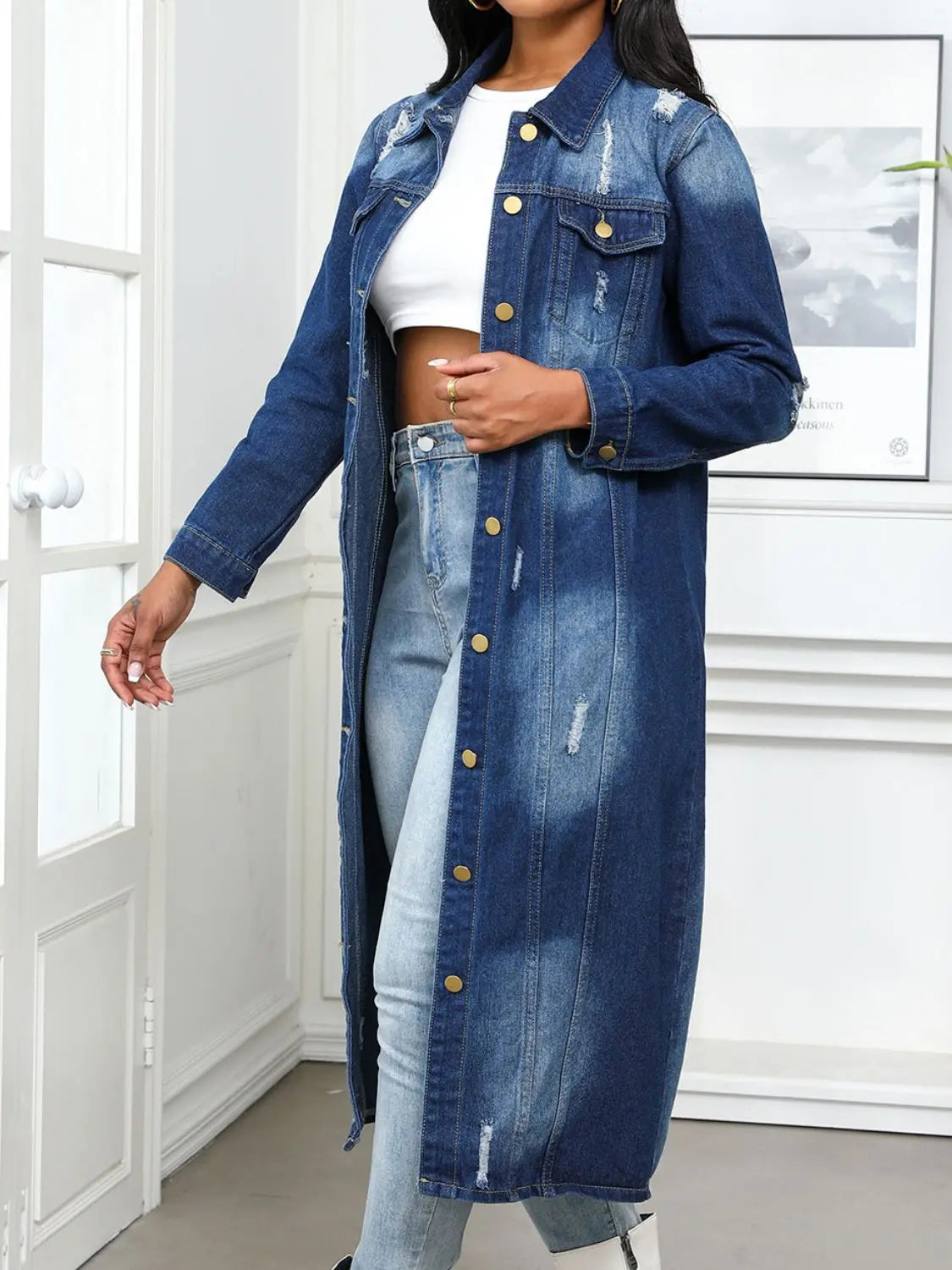 Distressed Button Up Collared Neck Denim Top - Image #4