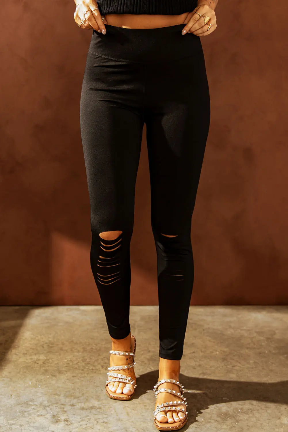 Wide Waistband Distressed Slim Fit Leggings - Image #3