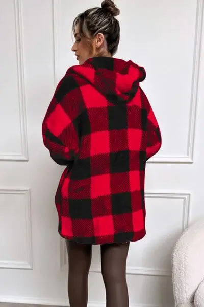 Double Take Full Size Plaid Long Sleeve Hooded Coat - Image #3