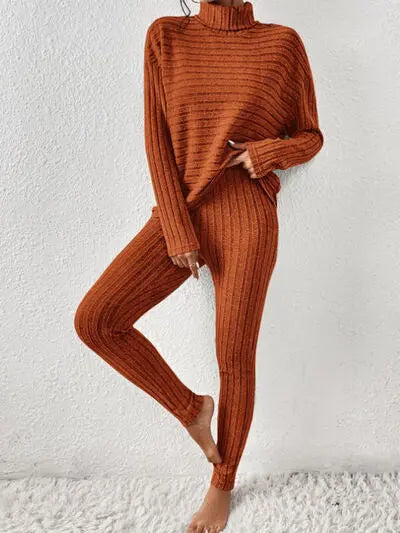 Ribbed Turtleneck Top and Pants Set - Image #4